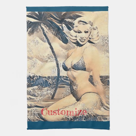 Kneeling Blonde Bikini Modell Thunder_Cove Geschirrtuch (Vertikal)