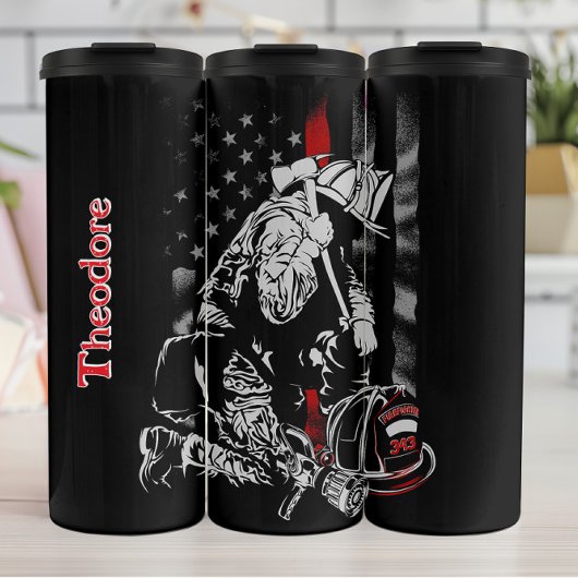 Kneeling Firefighter Thin Red Line Thermosbecher