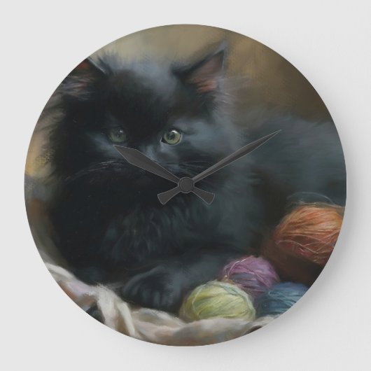 Knetbegleiter Black Kitten mit Garn Große Wanduhr (Vorderseite)