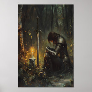 Kniender mittelalterlicher Ritter mit Schwert und Poster