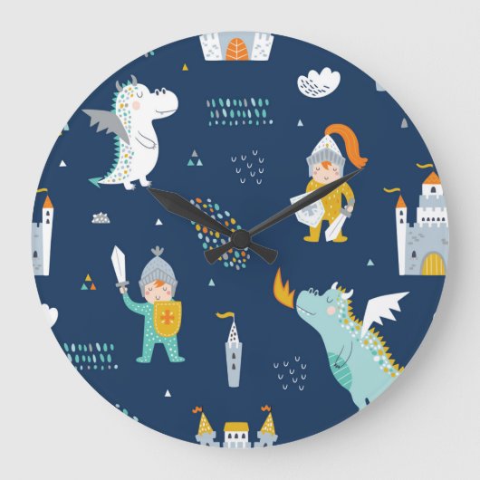 Knight Dragon Castle Childish Pattern Große Wanduhr (Vorderseite)