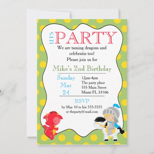 Knight Dragon Einladung Kindergeburtstag Party (Vorderseite)