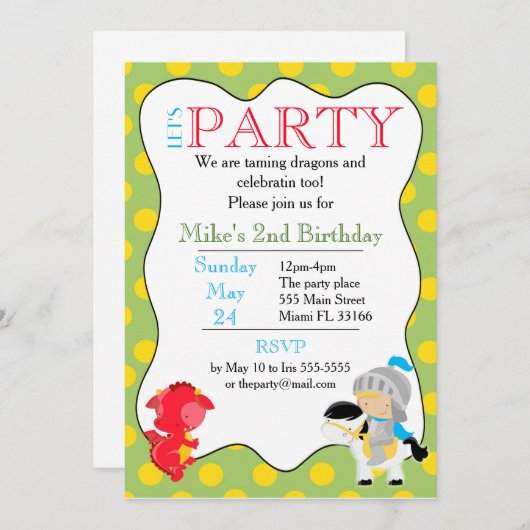 Knight Dragon Einladung Kindergeburtstag Party (Vorne/Hinten)