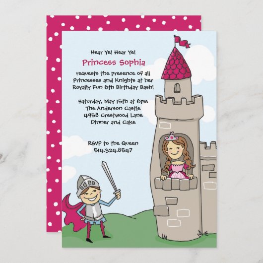 Knight Rette Prinzessinnen Einladungen: Brunettes Einladung (Vorne/Hinten)