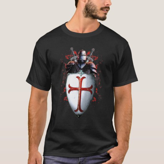 Knights Templar Flag Helmet Cross Schwert T-Shirt (Vorderseite)