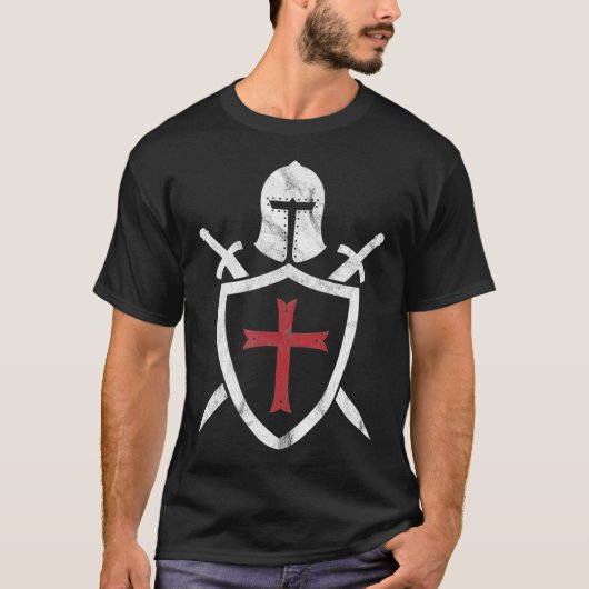 Knights Templar Helmet Cross and Sword Medieval T-Shirt (Vorderseite)
