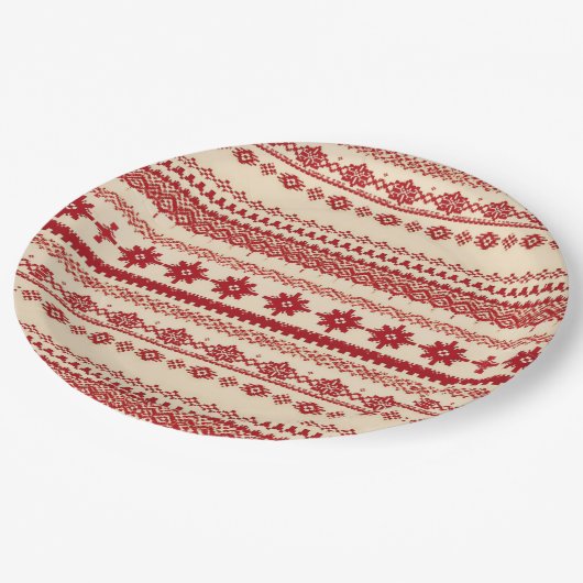 Knitted-Pattern look Nordic folk art style Pappteller (Schrägansicht)