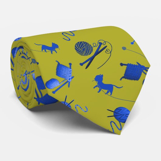 Knitter Krawatte Garn Nadeln Katzen Blaues Muster (Gerollt)