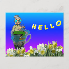 Knitterfrau auf Daffodils Tasse HELLO Postkarte