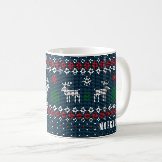 Knittern Muster Weihnachtsbaumen Hirsche Custom Kaffeetasse (VorderseiteRechts)