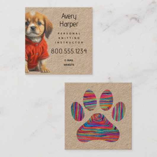 Knitting Instructor Puppy in Sweater Business Card Quadratische Visitenkarte (Vorne/Hinten)