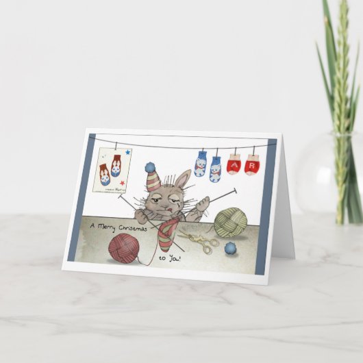Knitting Rabbit Christmas Card Karte (Vorderseite)