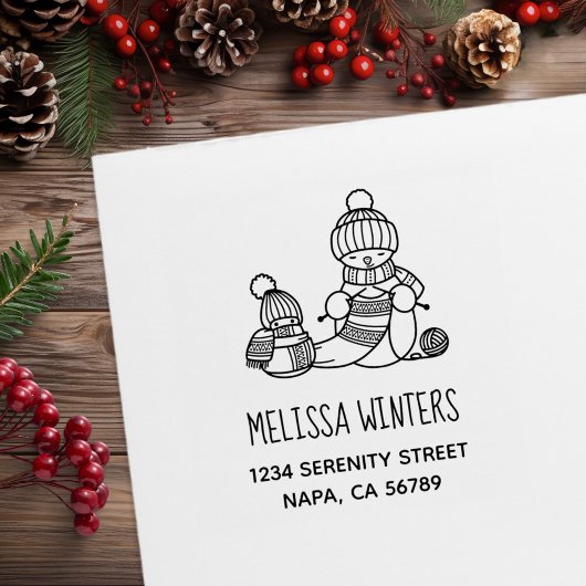 Knitting Snowman in Knitted Hat and Scarf Address Gummistempel