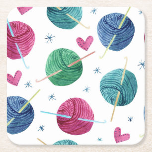 Knitting Thema, Wasserfarbe nahtlose Muster. Rechteckiger Pappuntersetzer