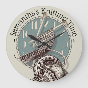 Knitting Time Doodle Art Illustration Große Wanduhr