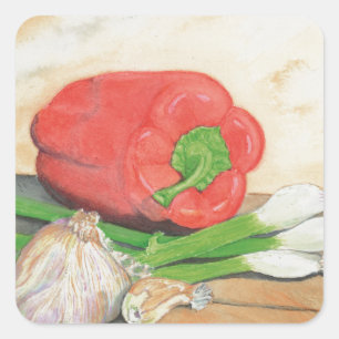 Knoblauch, Zwiebeln und Pfeffer Quadratischer Aufkleber