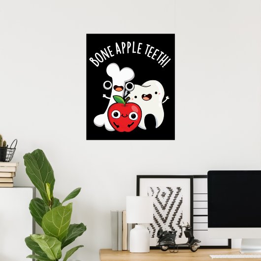Knochen Apple Teeth Funny Bona Appetit Pun Dark BG Poster (Heimbüro)