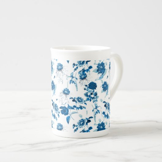 Knochen-China Tasse-Blau-Blüten Porzellantasse (Vorderseite Rechts)