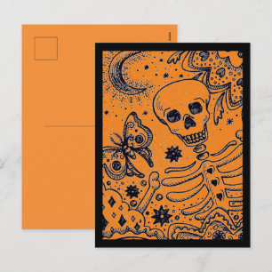 KNOCHEN IM GARTEN SKELETT, VOLKSKUNST MONDMOTTE H FEIERTAGSPOSTKARTE