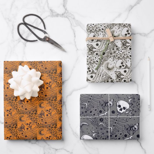 KNOCHEN IM GARTENSKELETON, FOLK ART MOON, MOTH GESCHENKPAPIER SET (Vorderseite)