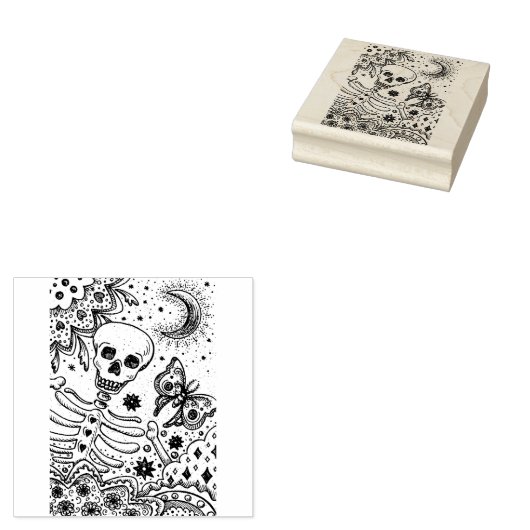 KNOCHEN IM GARTENSKELETON, FOLK ART MOON MOTH GUMMISTEMPEL (Stempel)