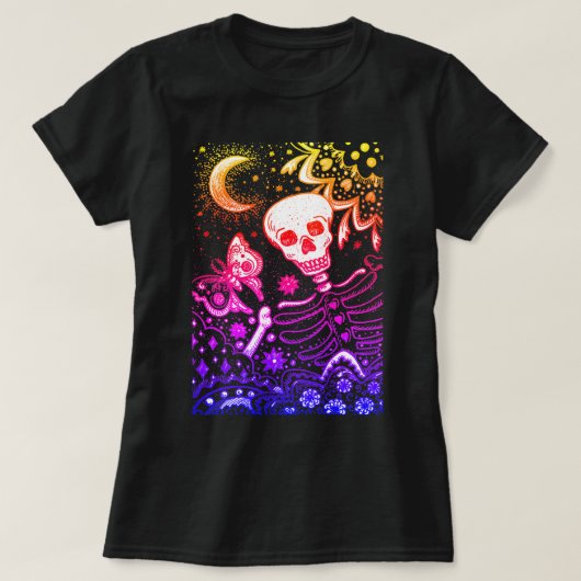 KNOCHEN IM GARTENSKELETON, FOLK ART MOON, MOTH T-Shirt (Design vorne)