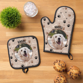 Knochen und Dog Paws Muster Benutzerdefiniertes Fo Ofenhandschuh & Topflappen-Set