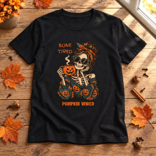 Knochenmüder Kürbis-verdrahteter Skelett-Halloween T-Shirt