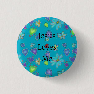 Knöpfe mit rosa Herzen, weißen Blumen und Jesus li Button
