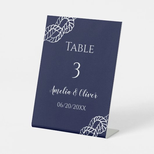 Knot Nautical Rope White Navy Hochzeitsfeier Tisch Sockelschild (Vorderseite)
