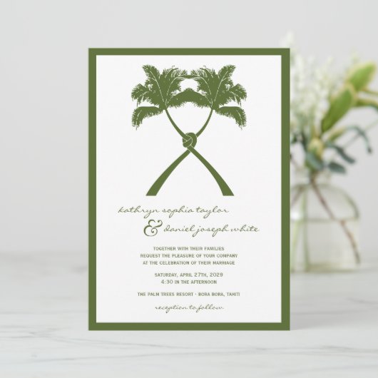 Knot Palm Trees Beach Tropical Wedding Moderner Ch Einladung (Stehend Vorderseite)