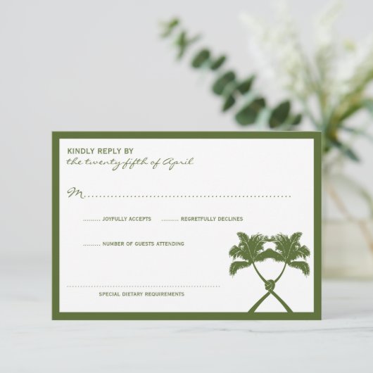 Knot Palm Trees Beach Tropical Wedding Moderner Ch RSVP Karte (Stehend Vorderseite)