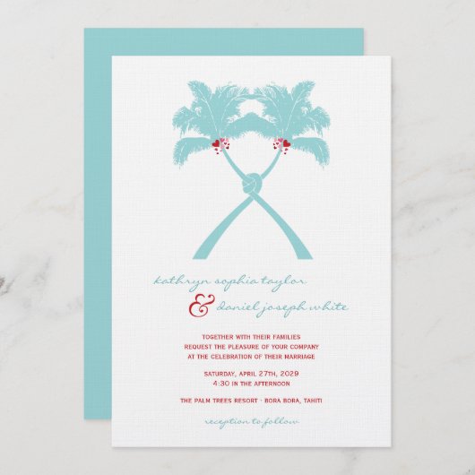 Knotted Palm Trees Hearts Tropical Beach Hochzeit Einladung (Vorne/Hinten)