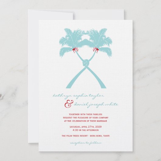 Knotted Palm Trees Hearts Tropical Beach Hochzeit Einladung (Vorderseite)