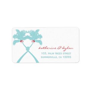 Knotted Palm Trees Hearts Tropical Wedding Address Adressaufkleber