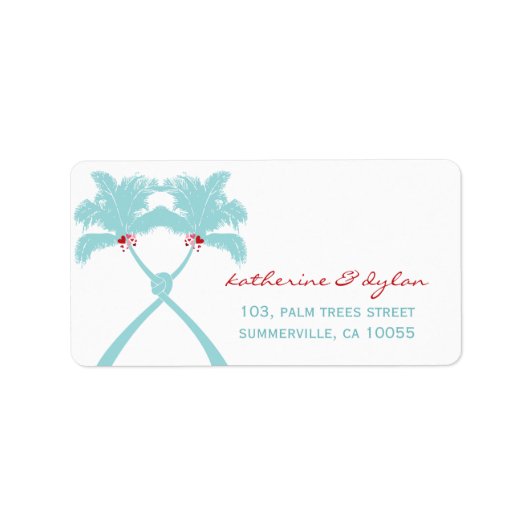 Knotted Palm Trees Hearts Tropical Wedding Address Adressaufkleber (Vorne)