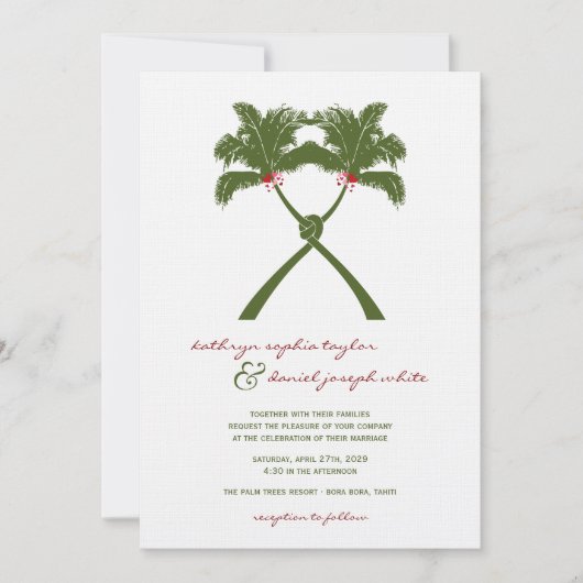 Knotted Palm Trees Red Liebe Tropical Beach Hochze Einladung (Vorderseite)