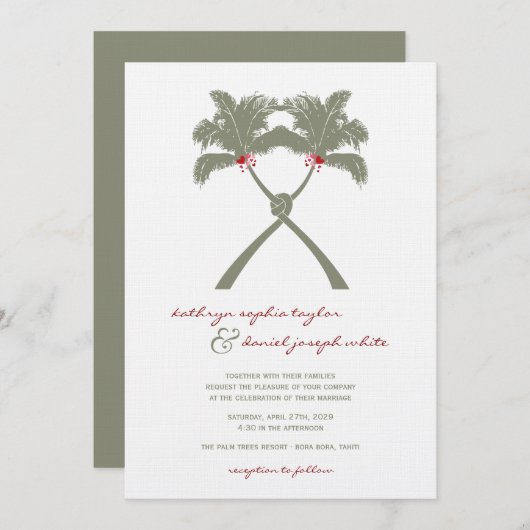 Knotted Palm Trees Red Liebe Tropical Beach Hochze Einladung (Vorne/Hinten)