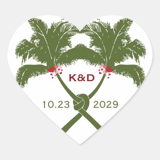 Knotted Palm Trees Red Liebe Tropical Beach Hochze Herz-Aufkleber (Vorderseite)