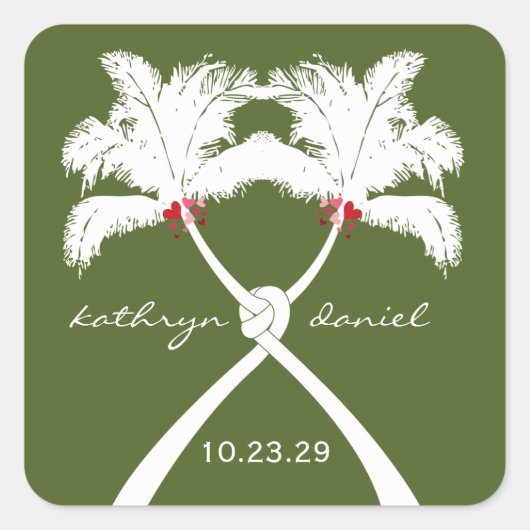 Knotted Palm Trees Red Liebe Tropical Beach Hochze Quadratischer Aufkleber (Vorderseite)