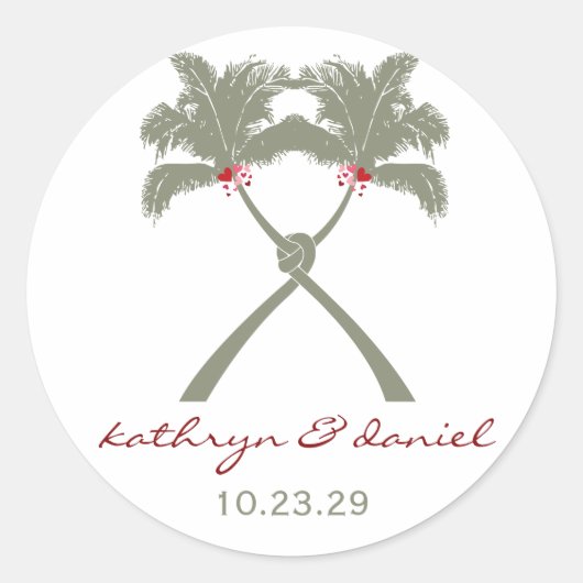 Knotted Palm Trees Red Liebe Tropical Beach Hochze Runder Aufkleber (Vorderseite)