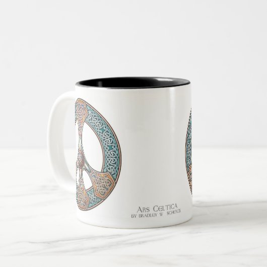 Knüpfarbeit-Friedenszeichen-Tasse Zweifarbige Tasse (Vorderseite Links)