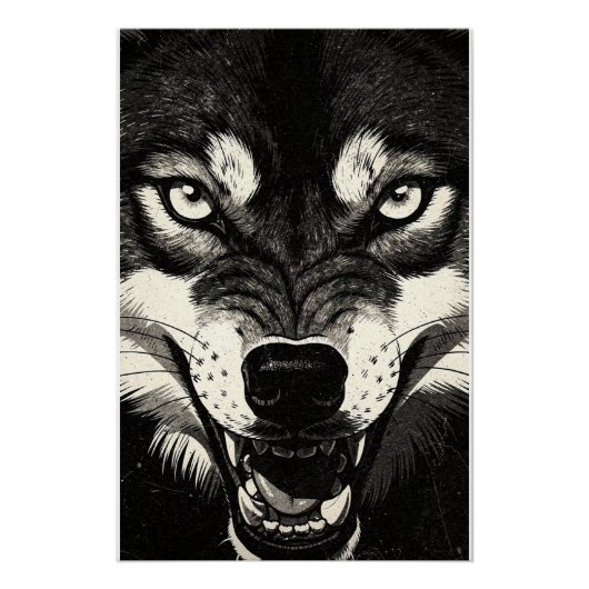 Knurrender Wolf 50er Schwarz-Weiß-Grafikstil Poster (Vorderseite)
