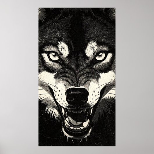 Knurrender Wolf 50er Schwarz-Weiß-Grafikstil Poster (Vorne)
