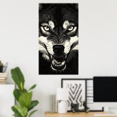 Knurrender Wolf 50er Schwarz-Weiß-Grafikstil Poster (Heimbüro)