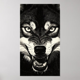 Knurrender Wolf 50er Schwarz-Weiß-Grafikstil  Poster