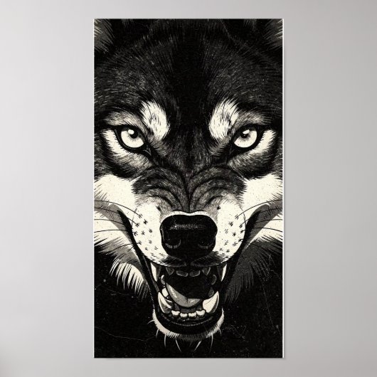 Knurrender Wolf 50er Schwarz-Weiß-Grafikstil Poster (Vorne)