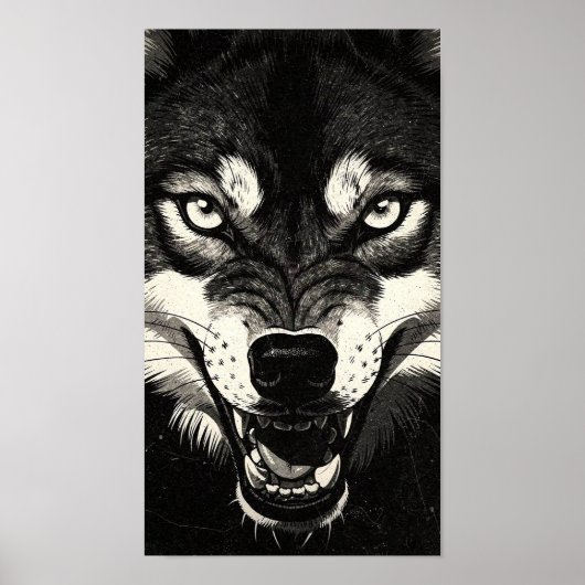 Knurrender Wolf 50er Schwarz-Weiß-Grafikstil Poster (Vorne)