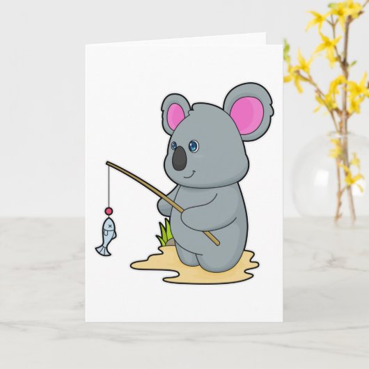 Koala als Fisher mit Angelstab und Fisch Karte (Gelbe Blume)