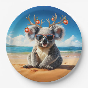 Koala am Strand mit Geweih und Christbaumschmuck Pappteller